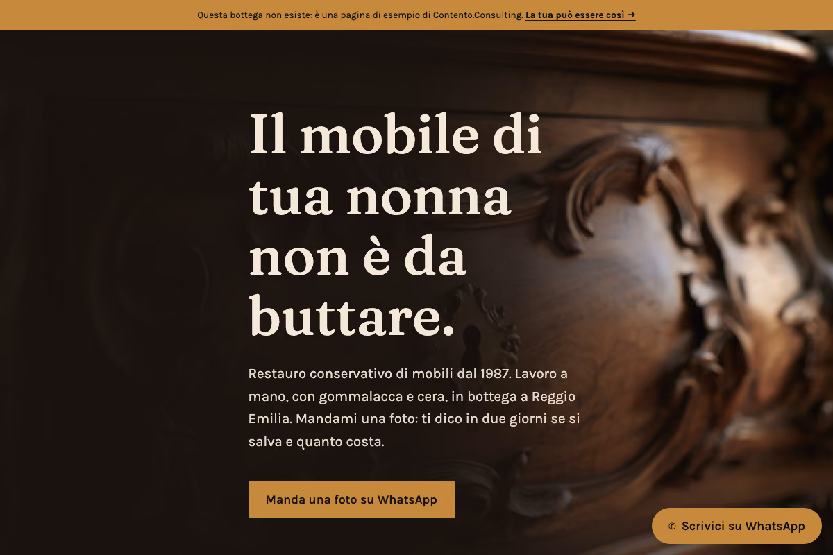 Anteprima della landing page Bottega Ferraresi, con un dettaglio di legno noce