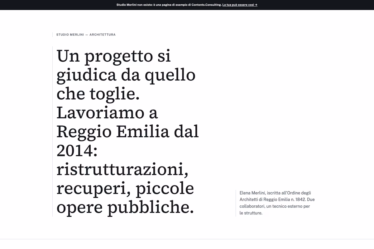 Anteprima della landing page Studio Merlini, impaginazione tipografica su fondo chiaro