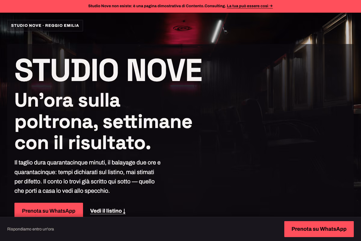 Anteprima della landing page Studio Nove, con la poltrona da parrucchiere in primo piano
